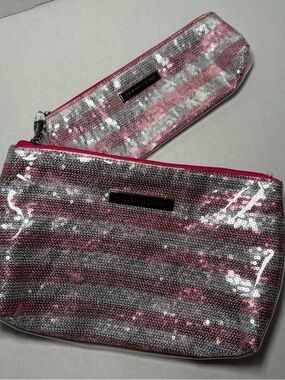 Victoria’s Secret Pink Silver Sequin Makeup Travel Bags Pouches Set of 2